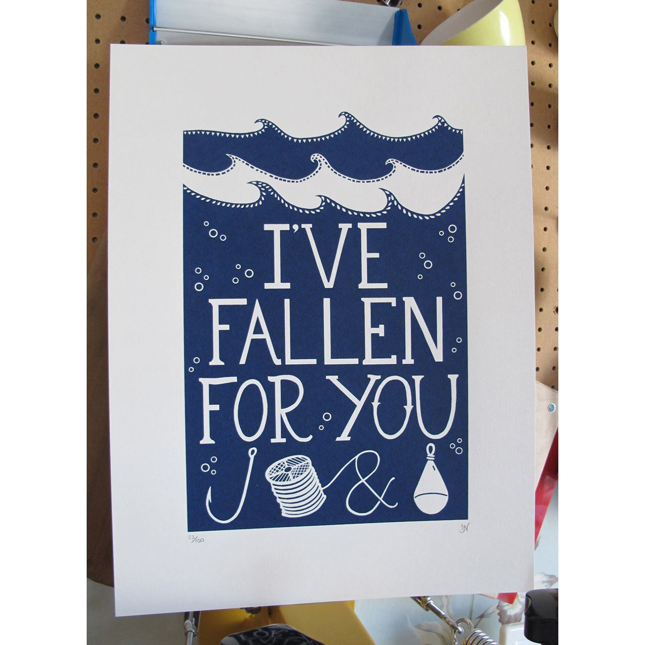 Fallen for you hook line and sinker silkscreen print by Hazel Nicholls.