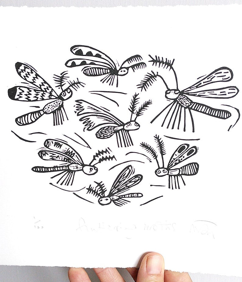 Fluttering moths linocut print by Melanie Wickham.