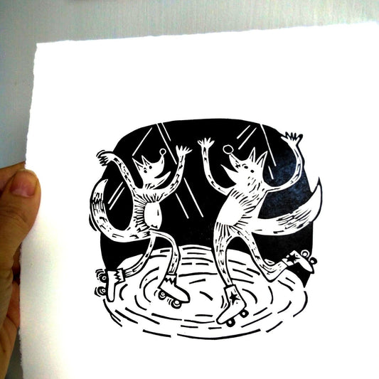 Foxes at the roller disco linocut print by Melanie Wickham.