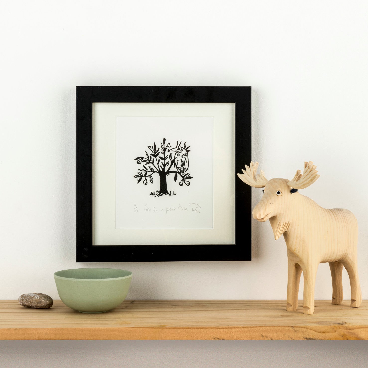 Fox on a pear tree linocut print by Melanie Wickham.