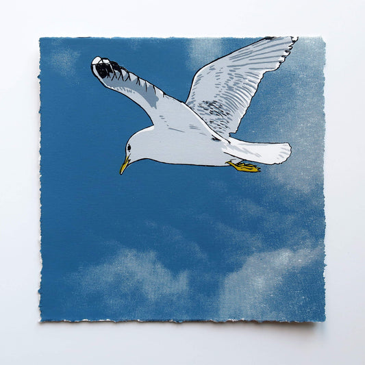 Flying gull by Fiona Hamilton featuring a seagull on a sky with clouds.