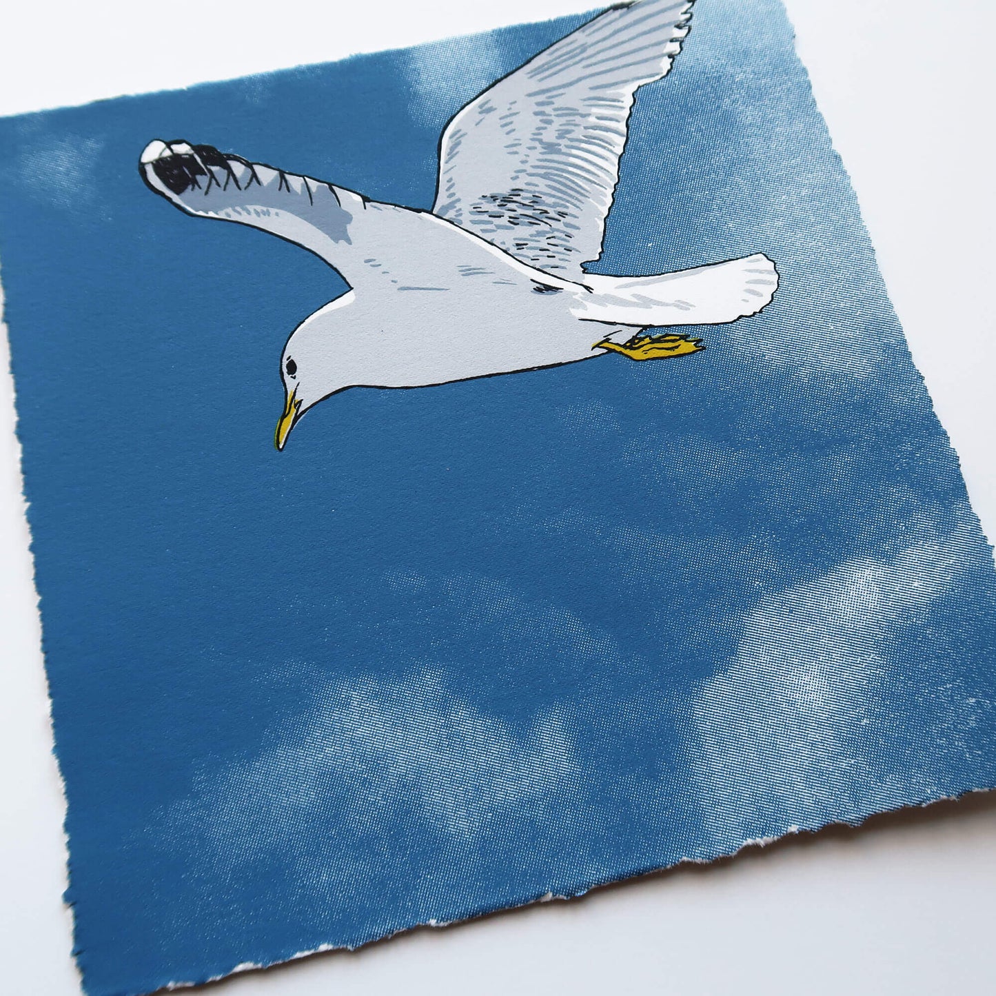 Flying gull by Fiona Hamilton featuring a seagull on a sky with clouds.