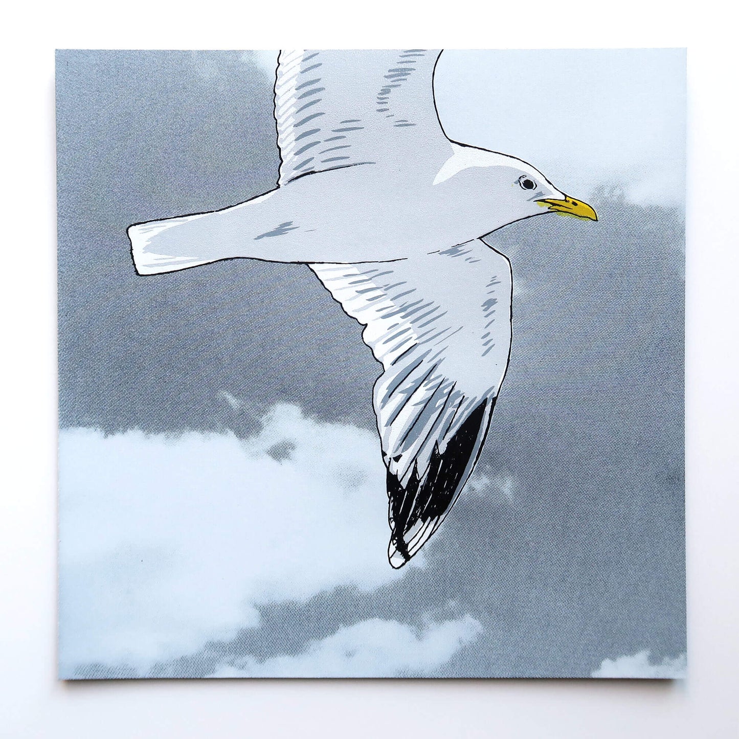 Flying gull by Fiona Hamilton featuring a seagull on a sky with clouds.