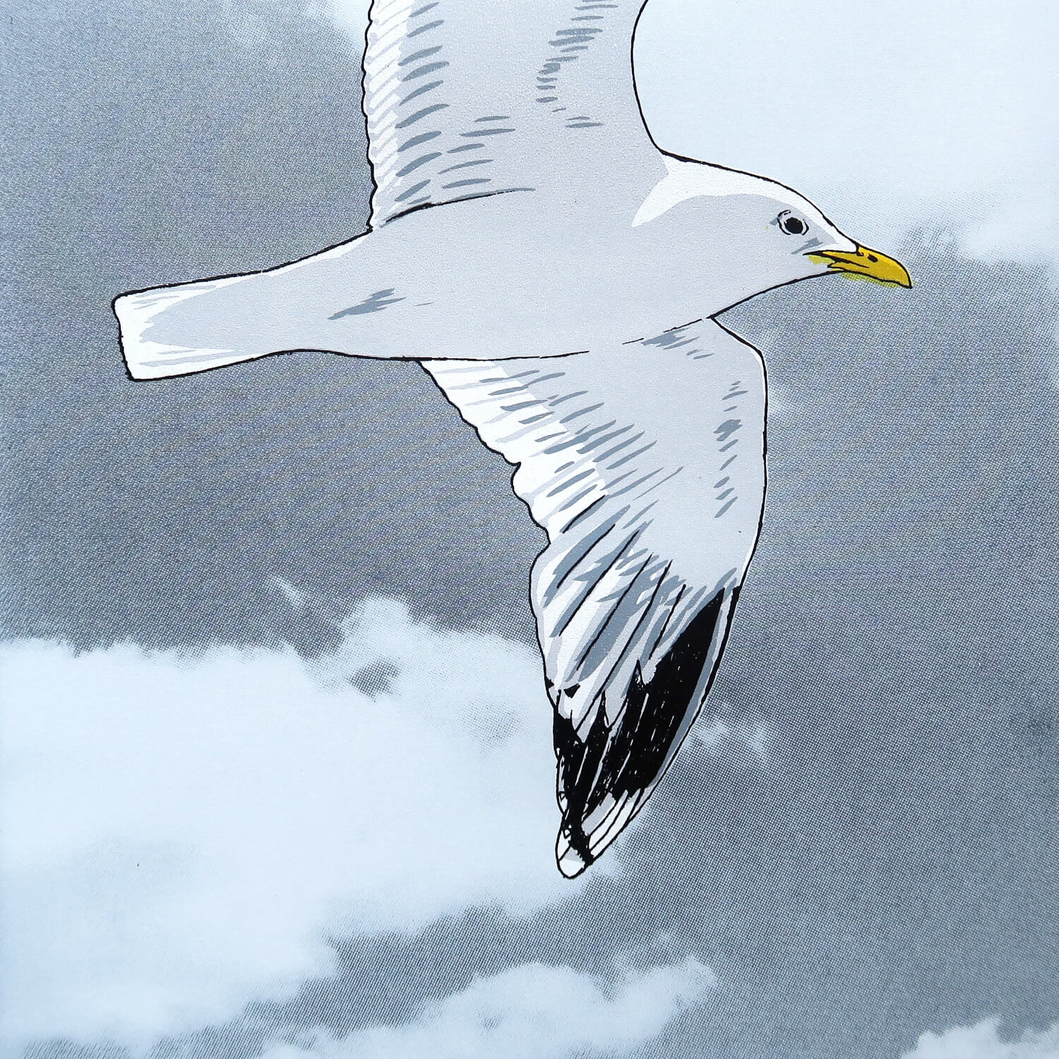 Flying gull by Fiona Hamilton featuring a seagull on a sky with clouds.