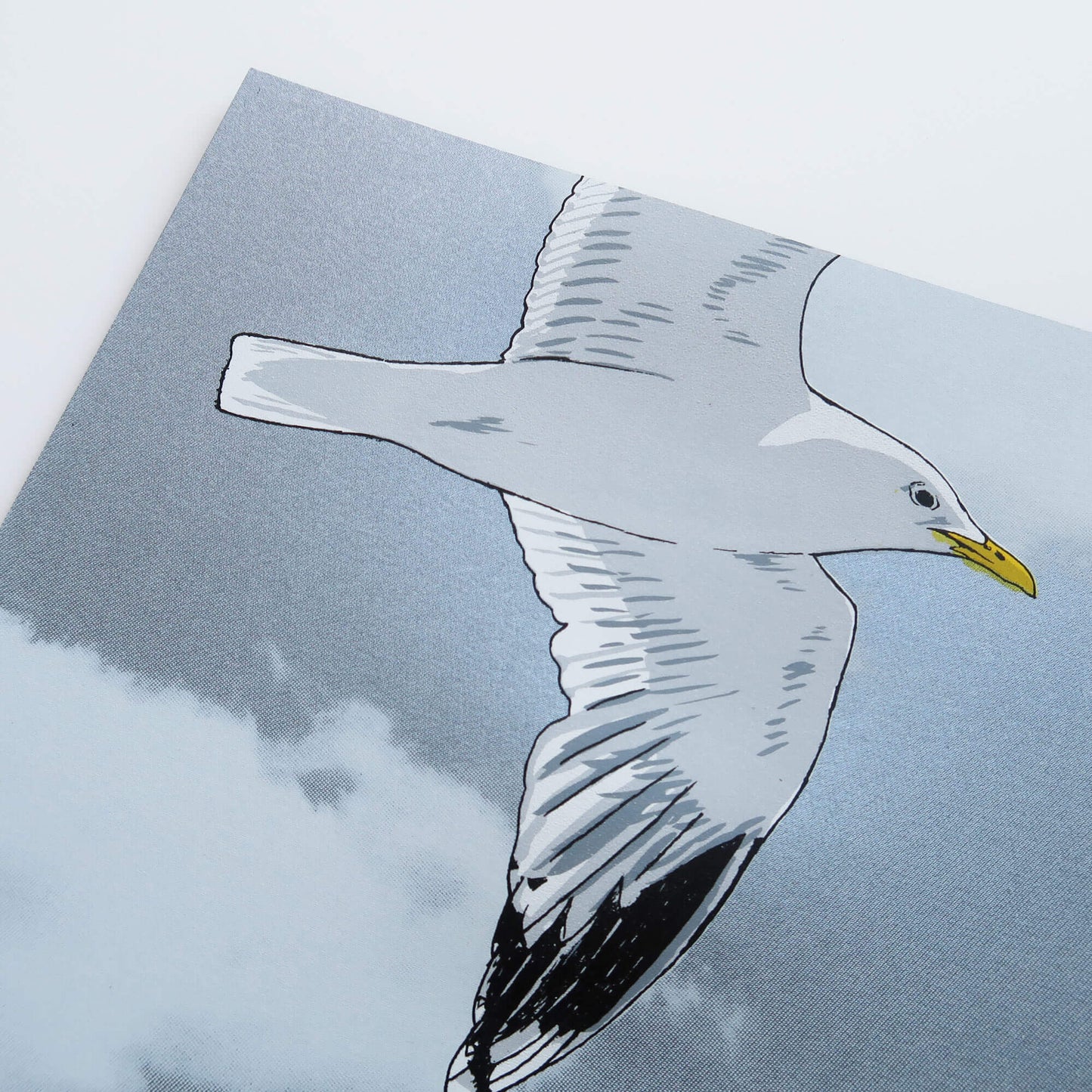 Flying gull by Fiona Hamilton featuring a seagull on a sky with clouds.