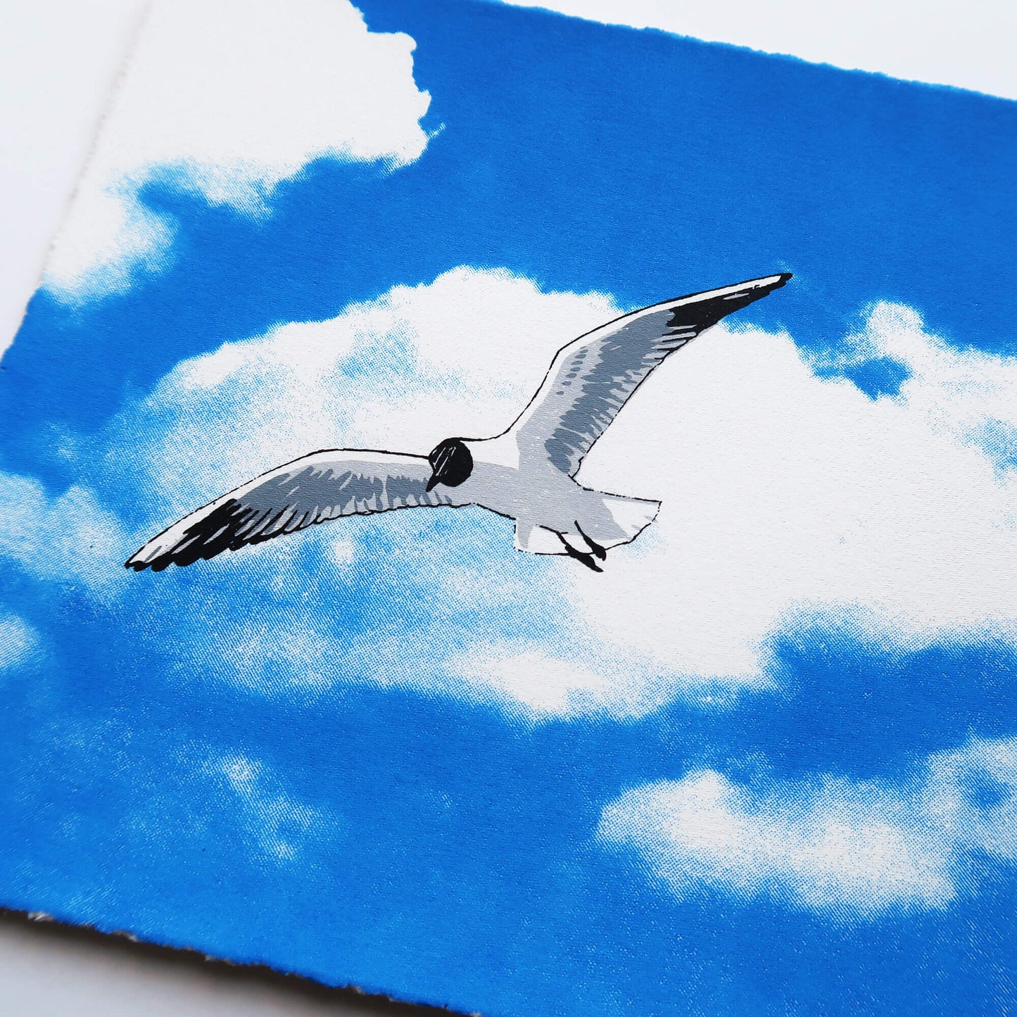 Flying gull by Fiona Hamilton featuring a seagull on a sky with clouds.