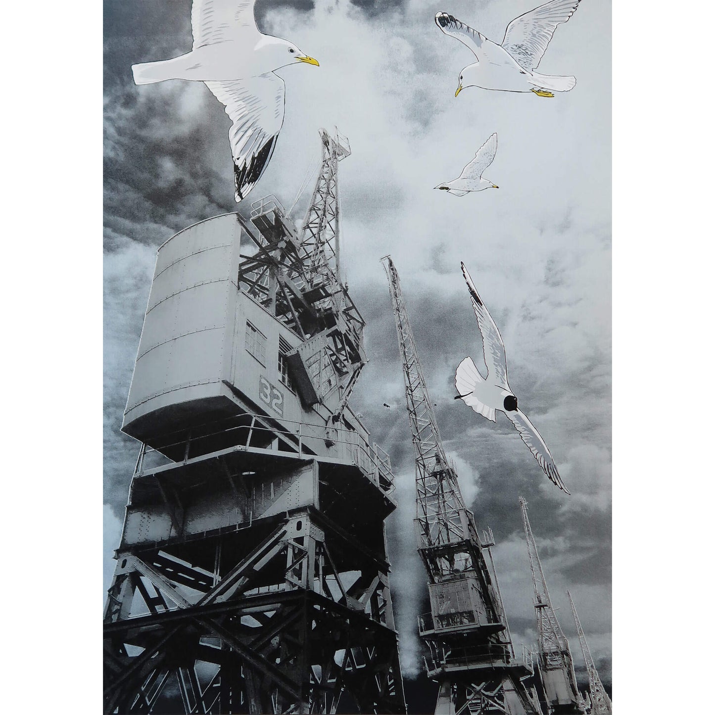 Gulls and goods cranes silkscreen print by Fiona Hamilton.