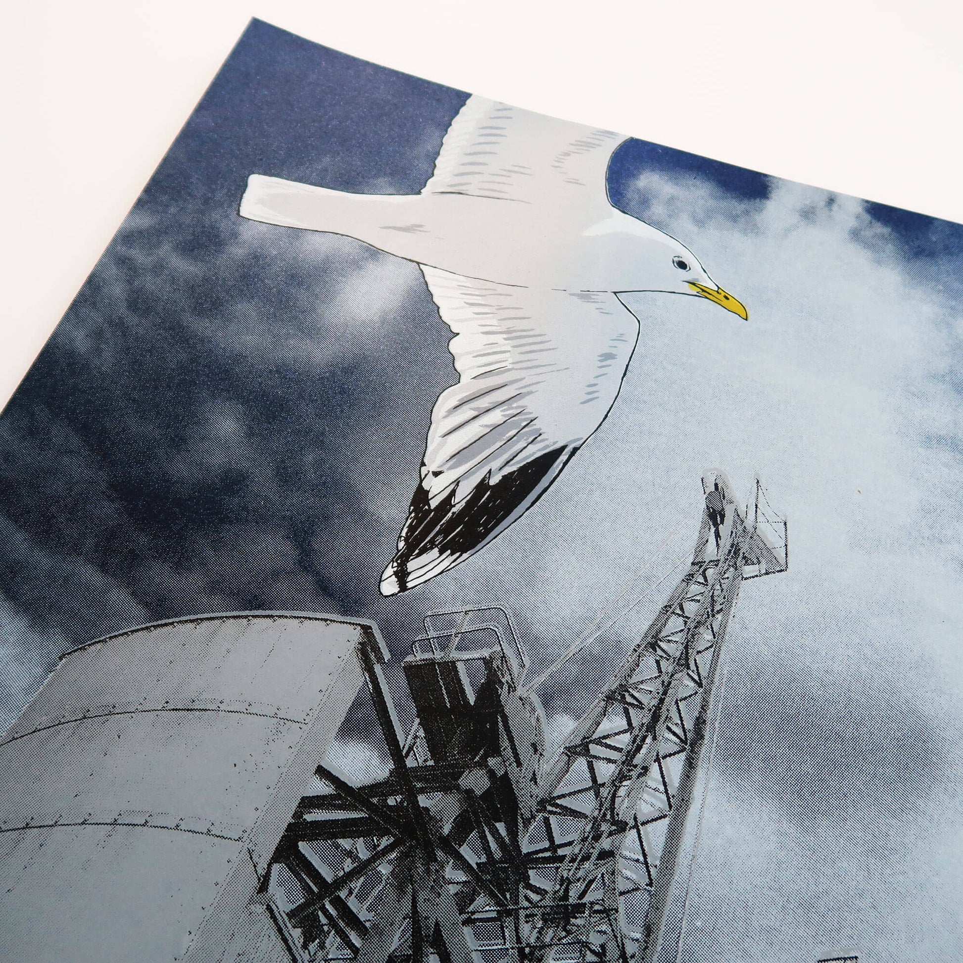 Gulls and goods cranes silkscreen print by Fiona Hamilton.