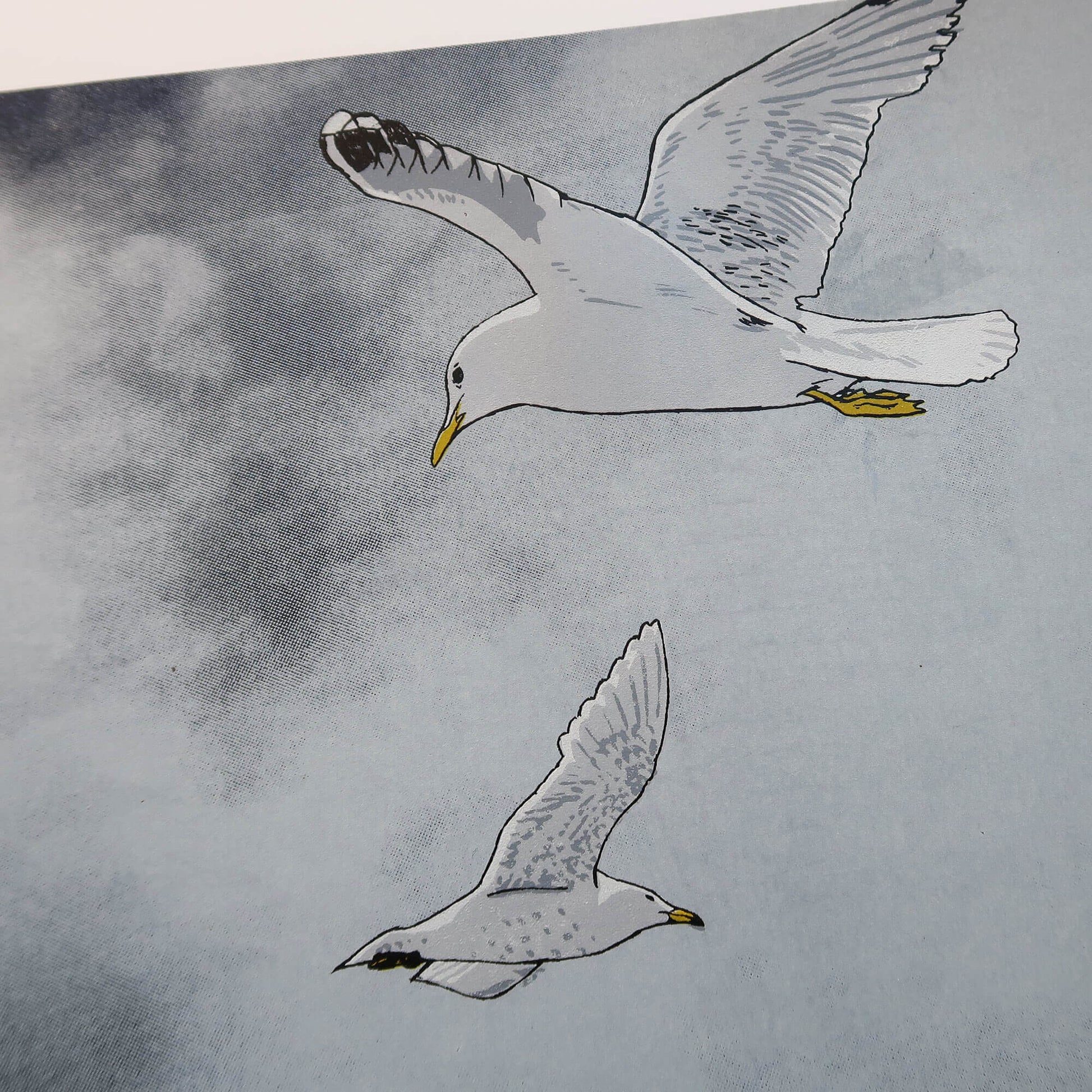 Gulls and goods cranes silkscreen print by Fiona Hamilton.