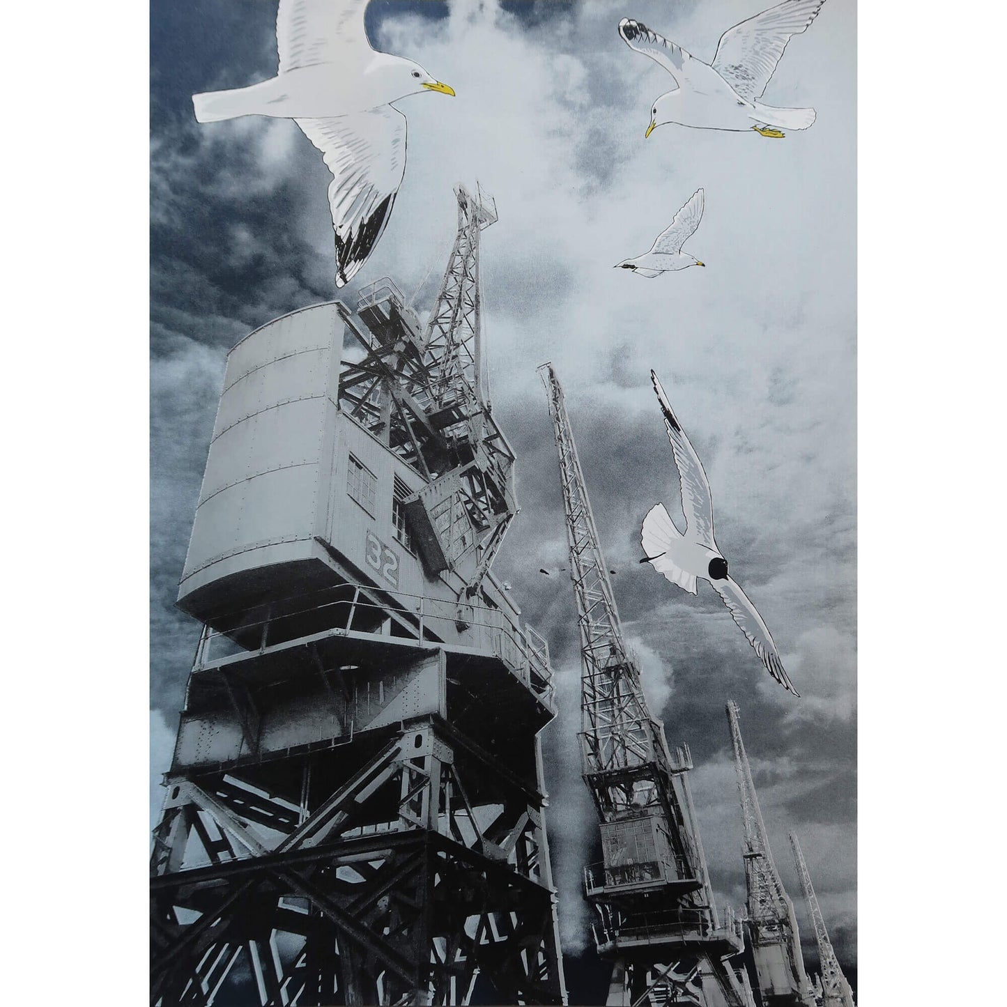 Gulls and goods cranes silkscreen print by Fiona Hamilton.