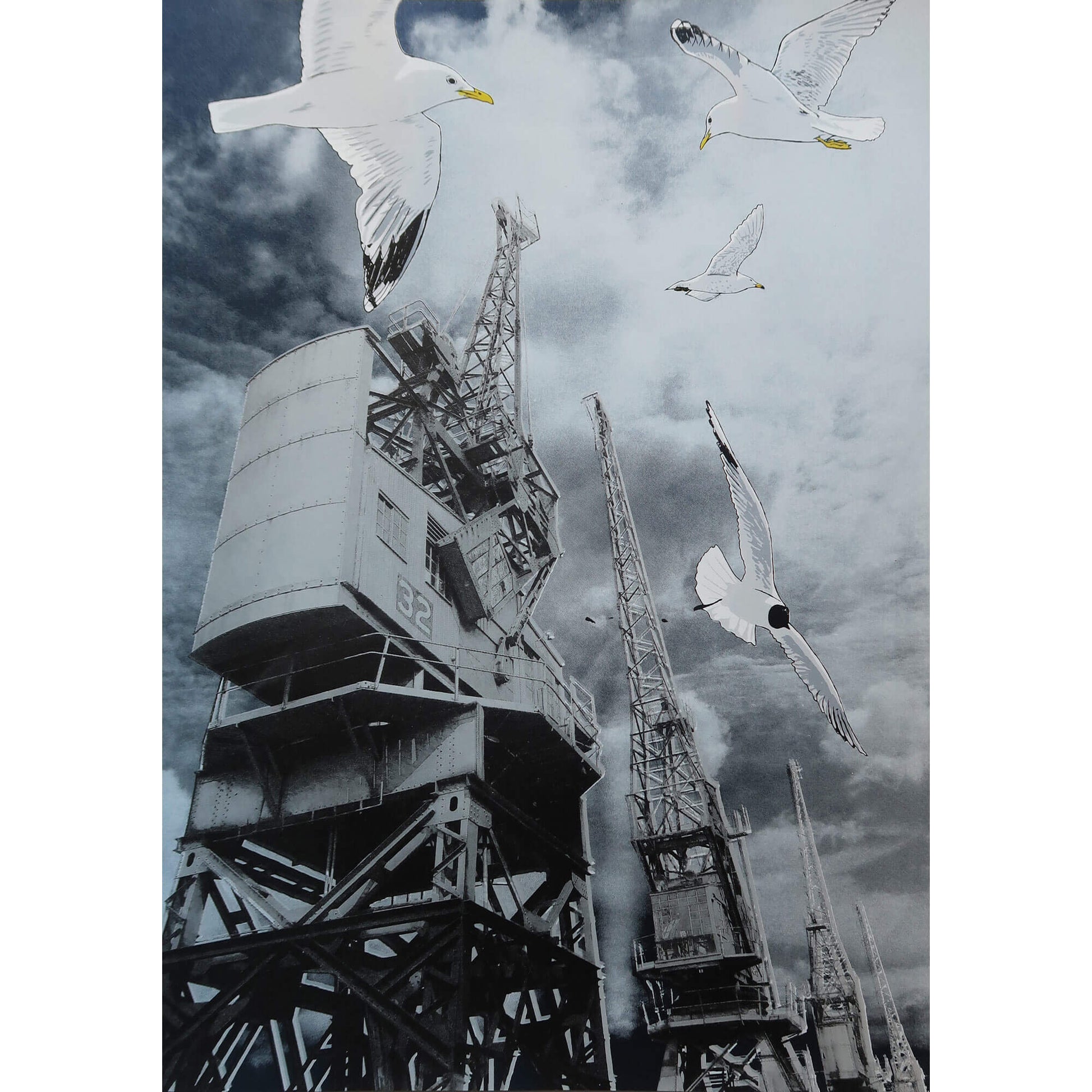 Gulls and goods cranes silkscreen print by Fiona Hamilton.