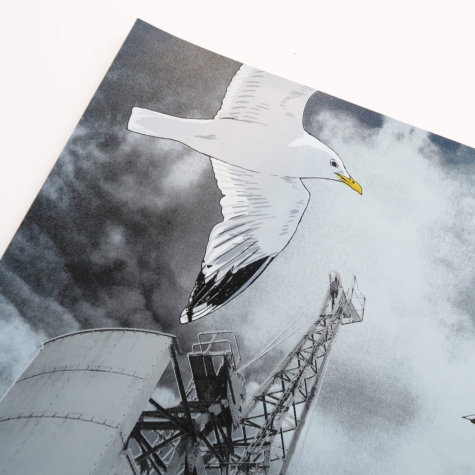 Gulls and goods cranes silkscreen print by Fiona Hamilton.