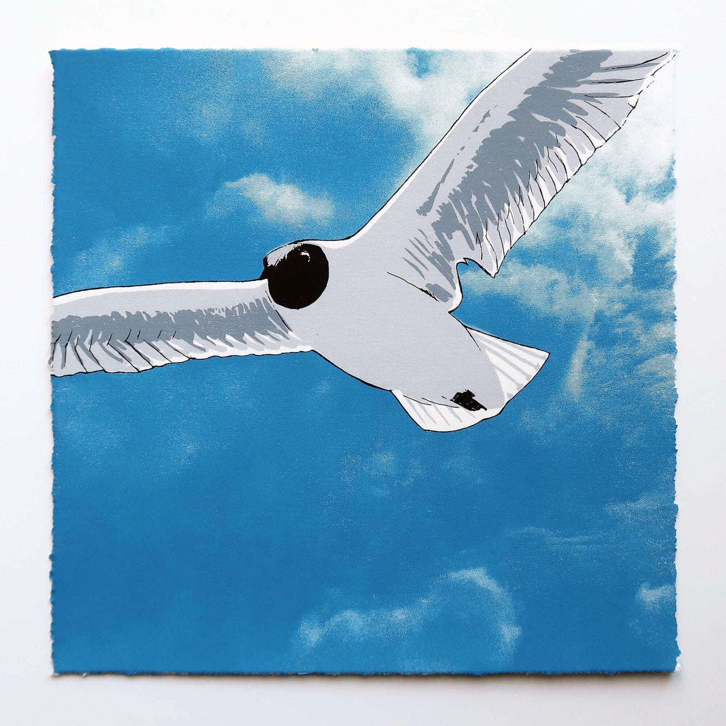 Flying gull by Fiona Hamilton featuring a seagull on a sky with clouds.