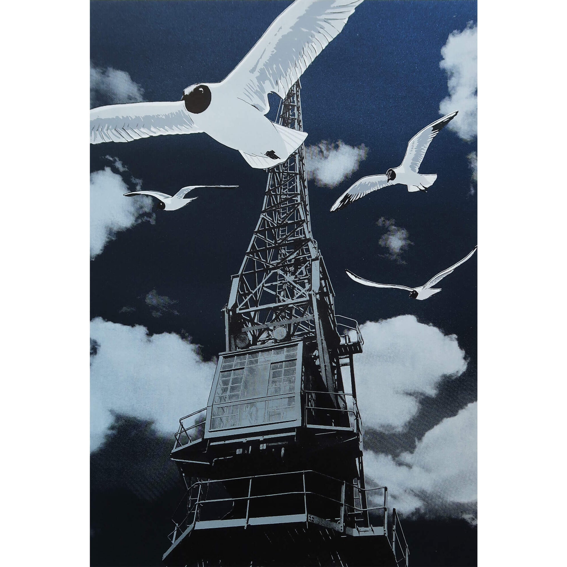 Harbour Gulls silkscreen print by Fiona Hamilton featuring Bristol cranes and seagulls.