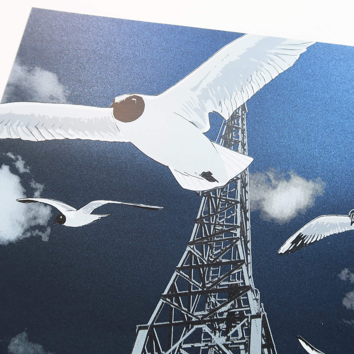 Harbour Gulls silkscreen print by Fiona Hamilton featuring Bristol cranes and seagulls.