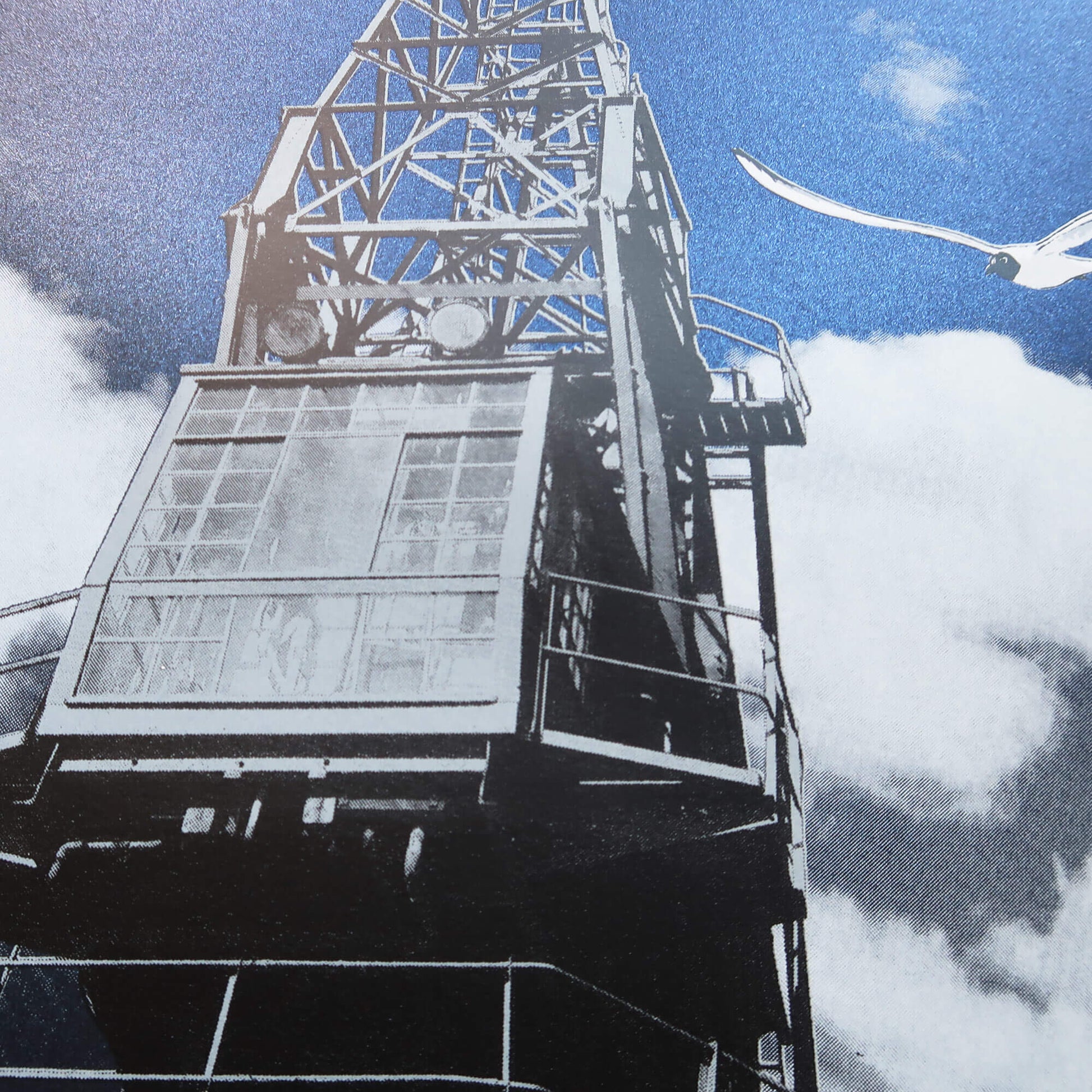 Harbour Gulls silkscreen print by Fiona Hamilton featuring Bristol cranes and seagulls.