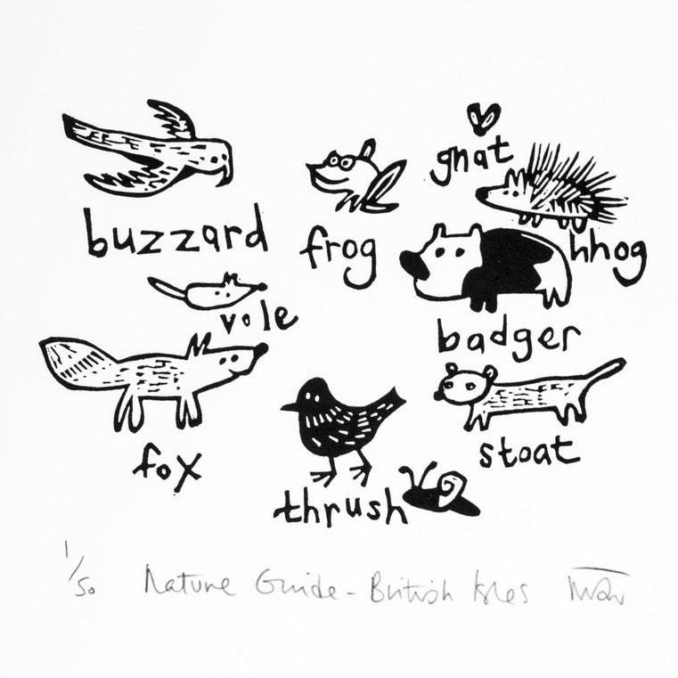 Nature guide - British Isles lino cut print by Melanie Wickham.