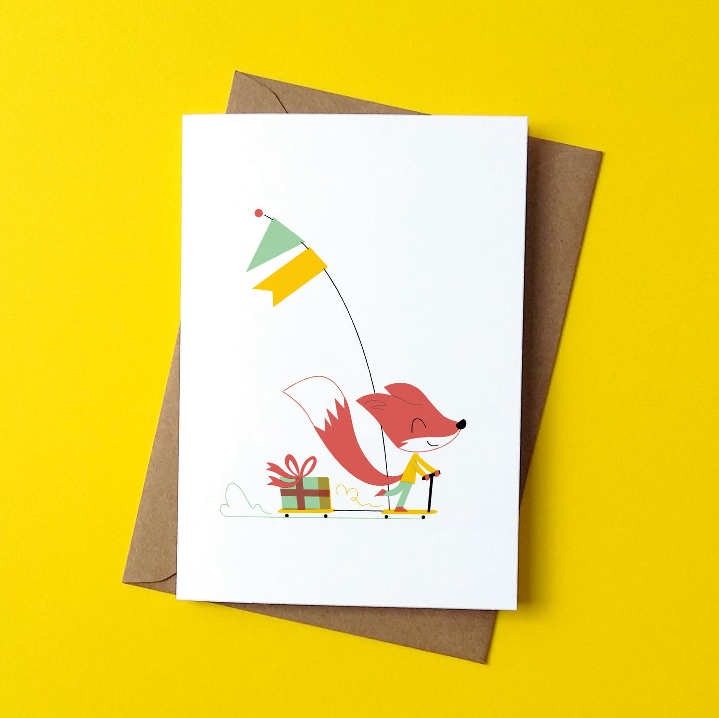 Scooter riding fox greeting card by Peski Studio.