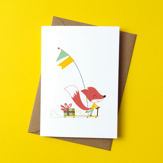 Scooter riding fox greeting card by Peski Studio.