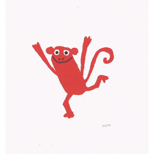 Monkey jumps screenprint in red by Daisy Hirst.