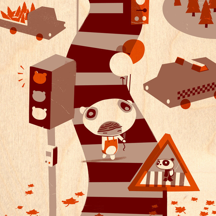 Panda crossing screen print on Japanese ply by Graham Carter.