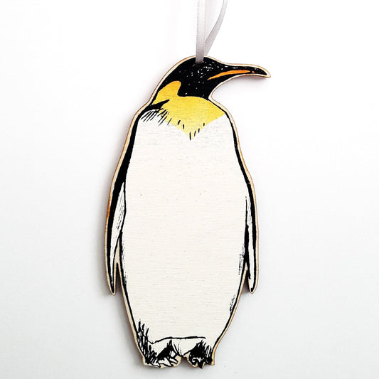 Penguin screen printed and laser cut plywood decoration by Fiona Hamilton.