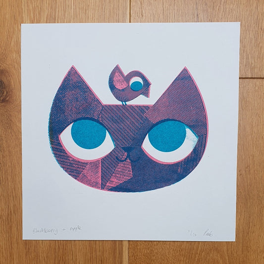 Blackberry and apple screen print featuring a cat and a bird in blue and pink by Peski Studio.