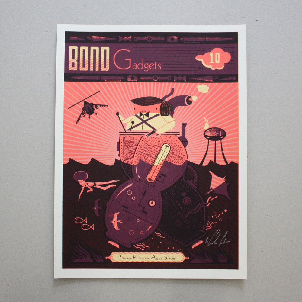 Oh James screen print featuring under water Bond Gadgets by Graham Carter.