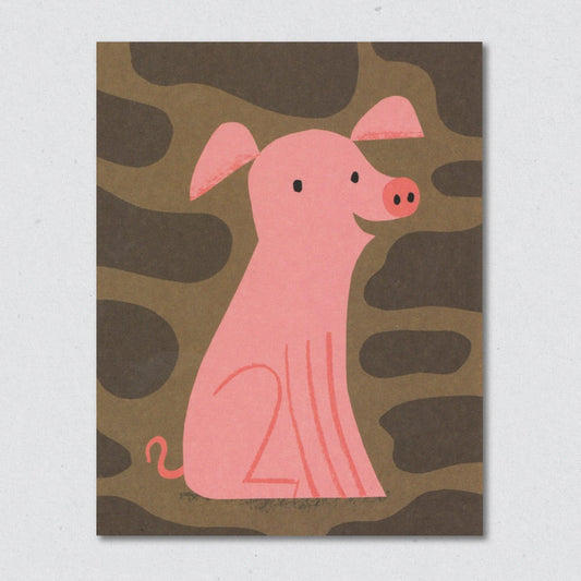 Pink Pig greeting card on a muddy background by Lisa Jones Studio.
