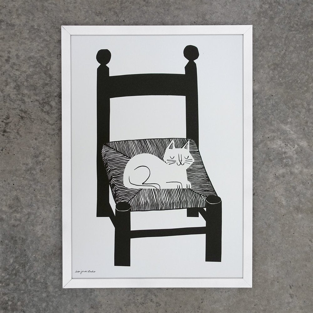 Cat Nap poster print in a3 by Lisa Jones Studio featuring a Cat on a kitchen chair.