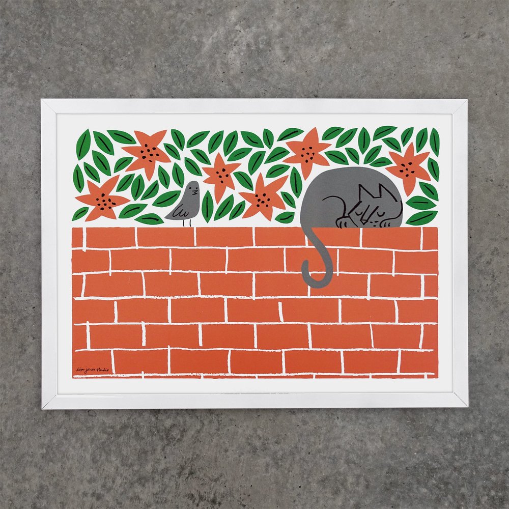 Wallflower A3 offset litho by Lisa Jones Studio print featuring a cat on a wall.