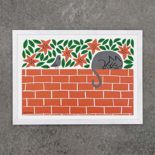 Wallflower A3 offset litho by Lisa Jones Studio print featuring a cat on a wall.