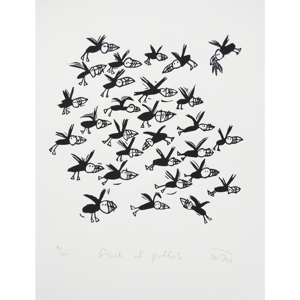 Flock of Puffins lino cut by Melanie Wickham.