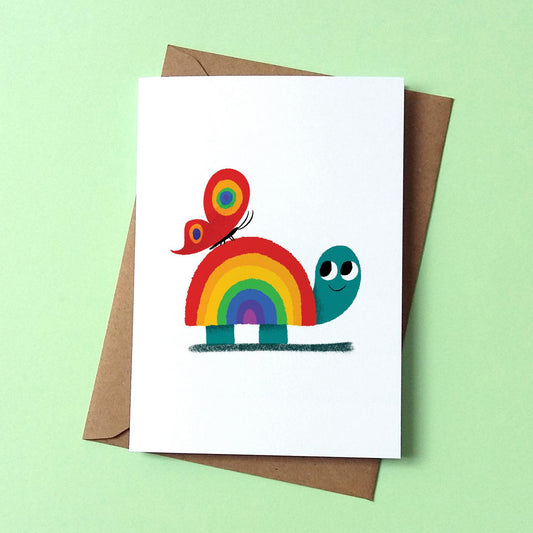 Rainbow tortoise ans butterfly greeting card by Peski Studio.