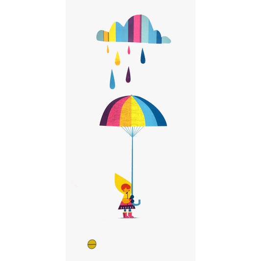 Rainy day Optimist original screen print by Graham Carter featuring a girl with a big umbrella under a rainbow coloured cloud.