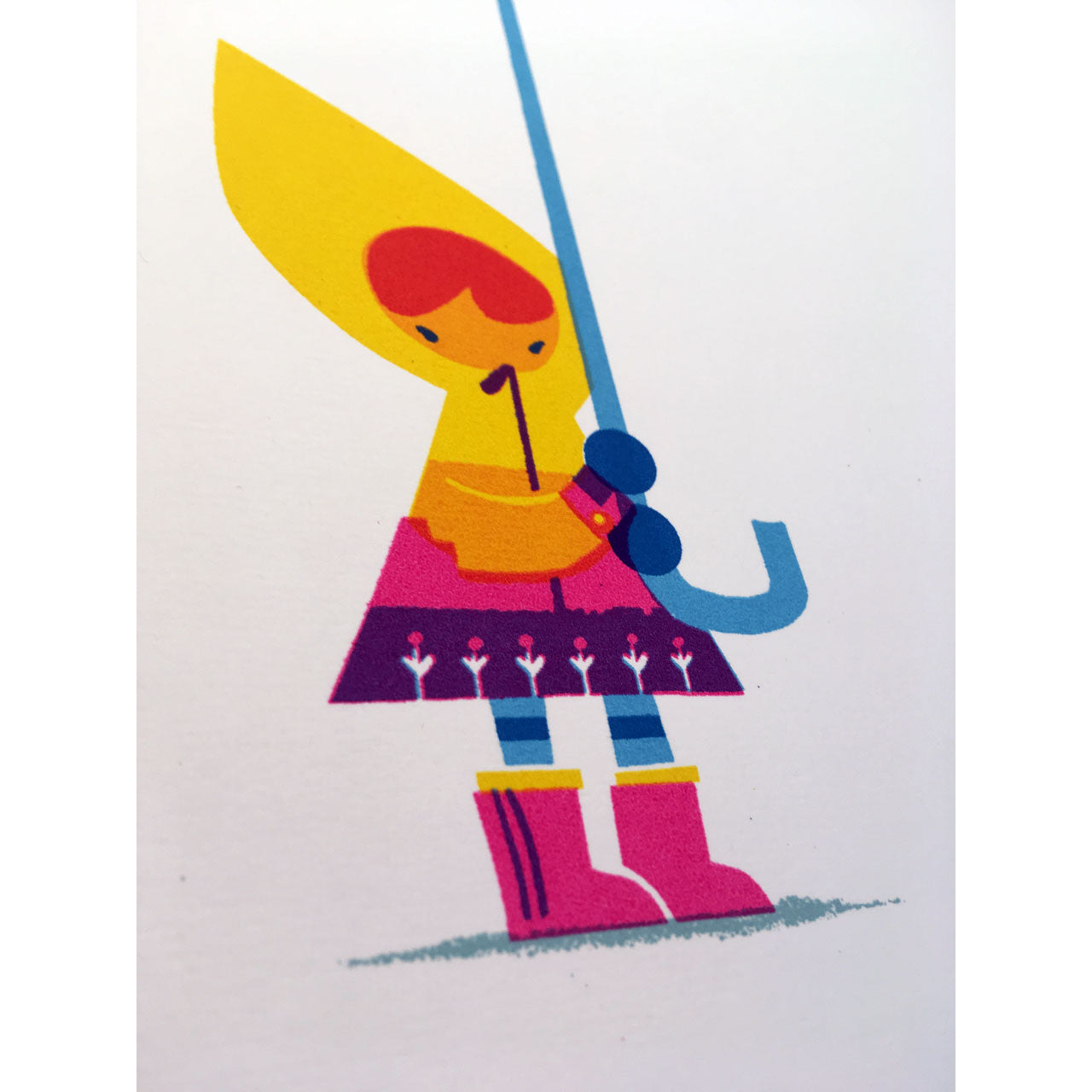 Rainy day Optimist original screen print by Graham Carter featuring a girl with a big umbrella under a rainbow coloured cloud.