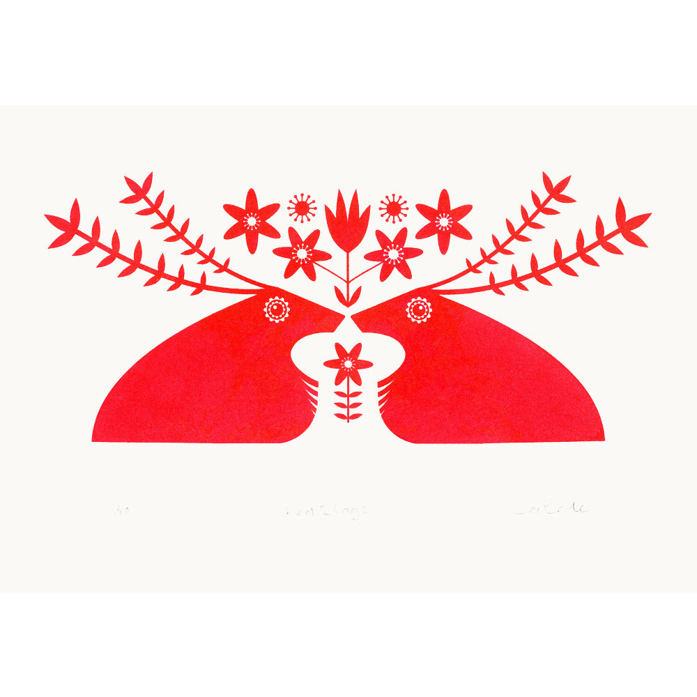 Red stags screen print by Dee Beale.