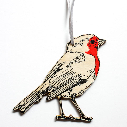Robin screen printed laser cut wood decoration by Fiona Hamilton.