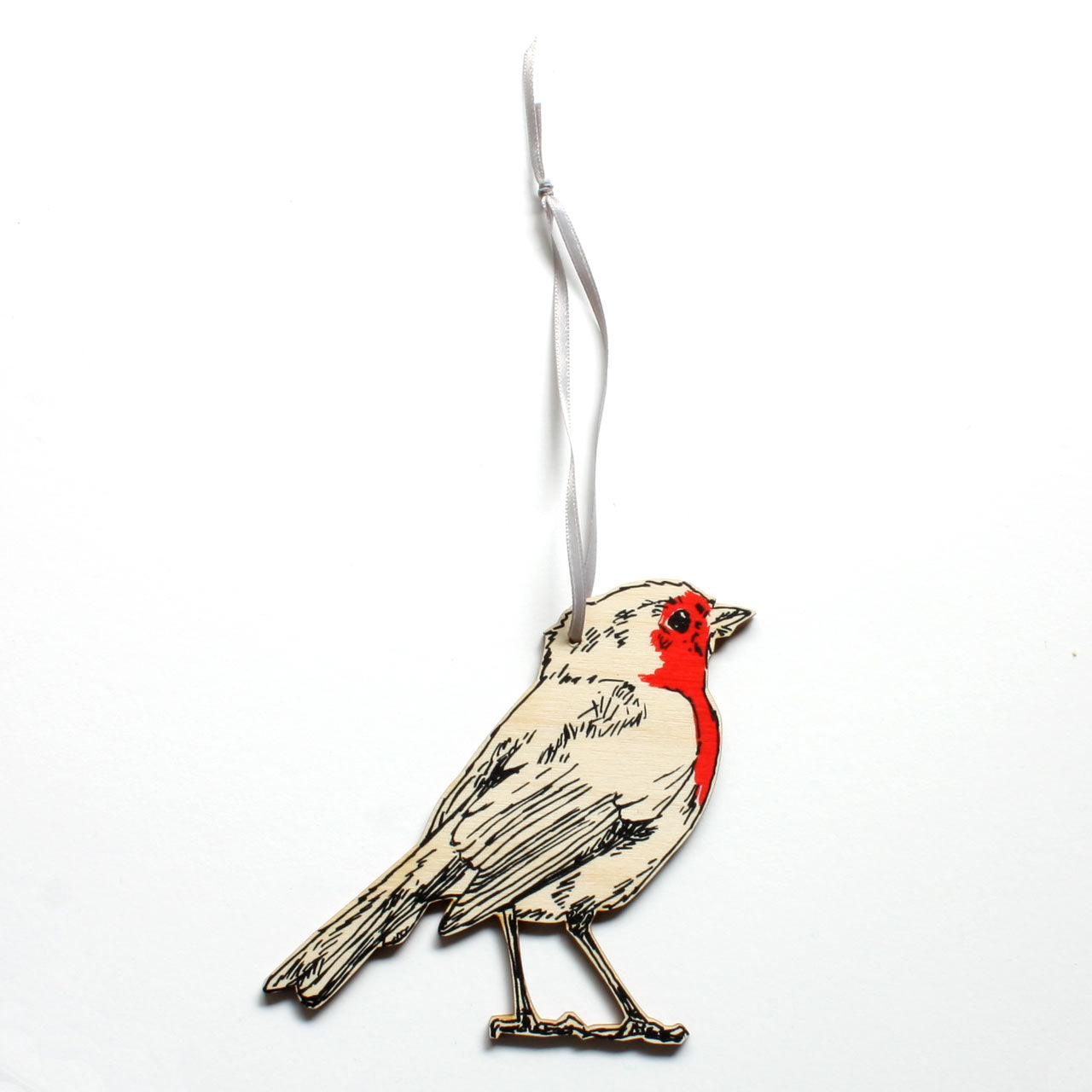 Robin screen printed laser cut wood decoration by Fiona Hamilton.