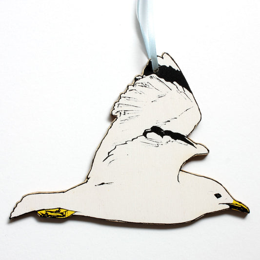 Seagull in flight screen printed lasercut wood hanging decoration by Fiona Hamilton.