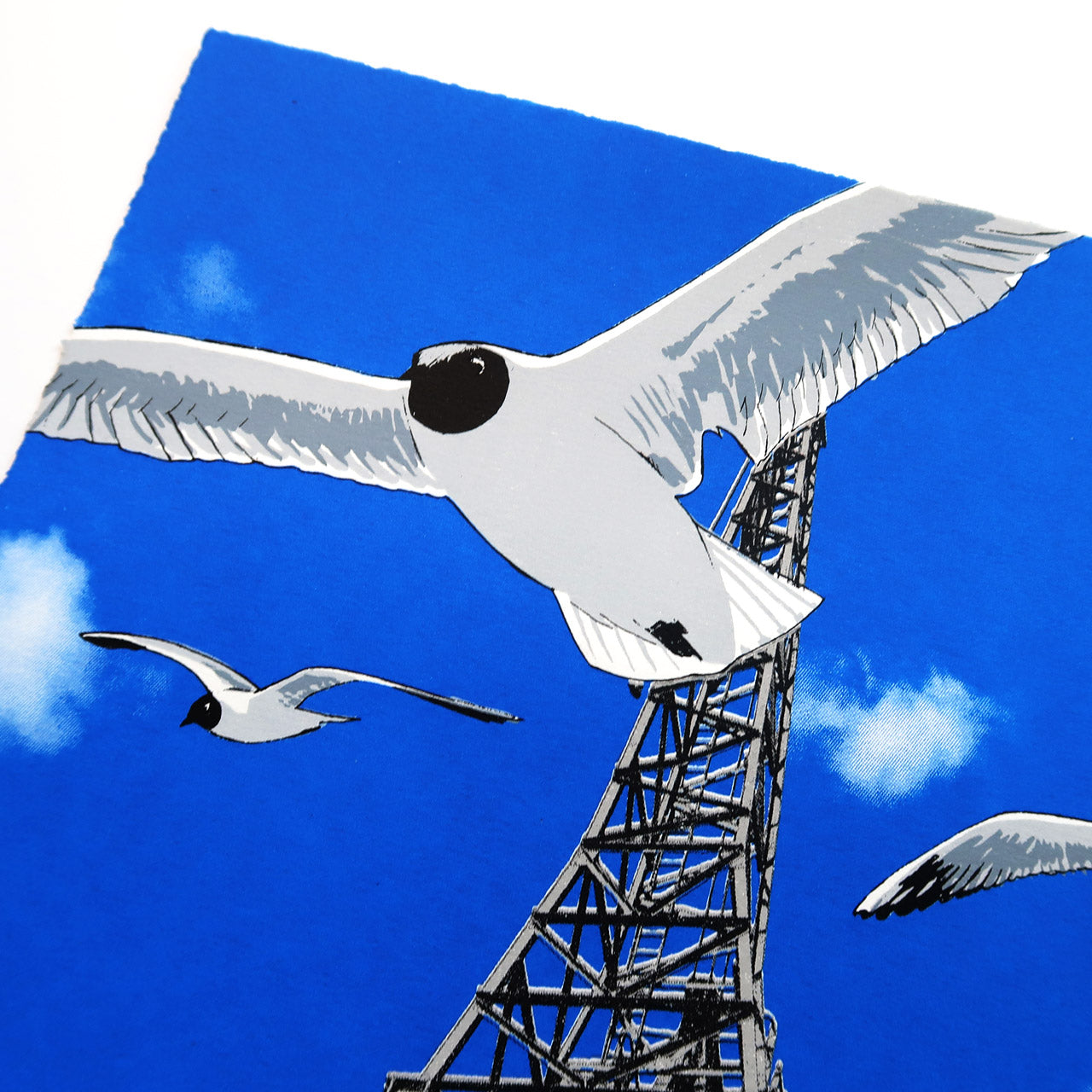 Harbour Gulls silkscreen print by Fiona Hamilton featuring Bristol cranes and seagulls.