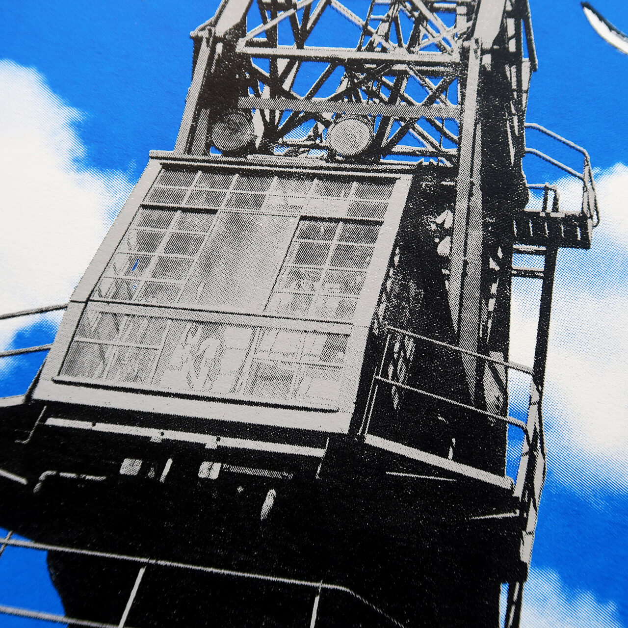 Harbour Gulls silkscreen print by Fiona Hamilton featuring Bristol cranes and seagulls.