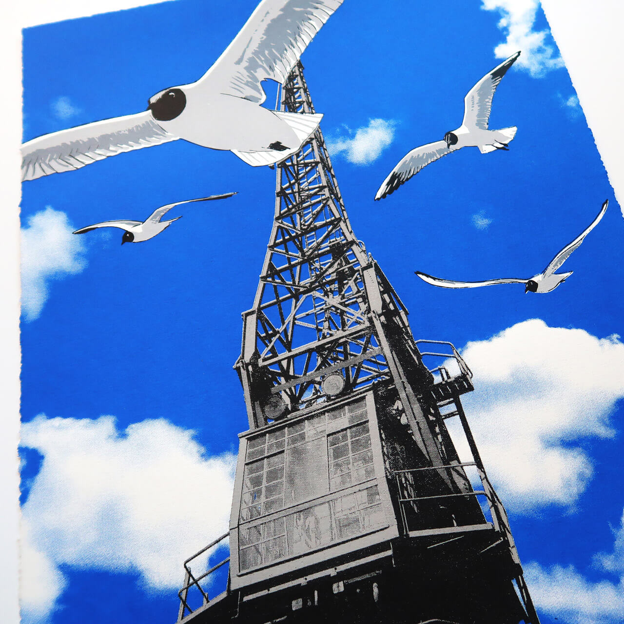 Harbour Gulls silkscreen print by Fiona Hamilton featuring Bristol cranes and seagulls.