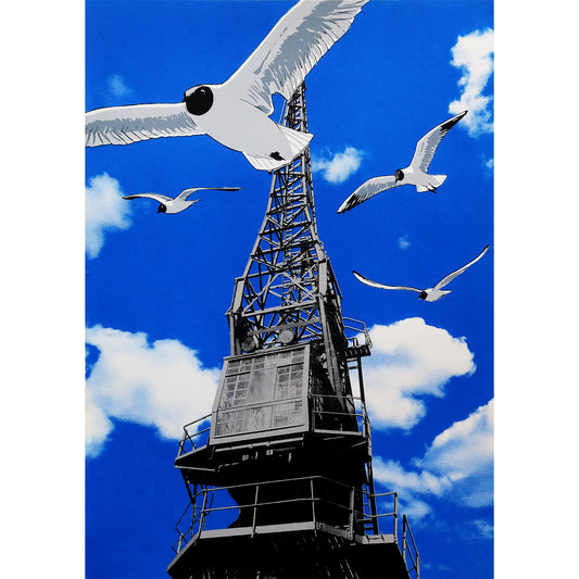 Harbour Gulls silkscreen print by Fiona Hamilton featuring Bristol cranes and seagulls.