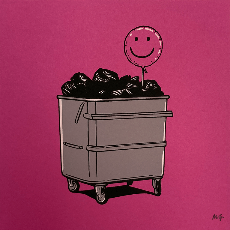 Smile pink screen print by Matthew Green featuring a smiley balloon in a wheely bin.