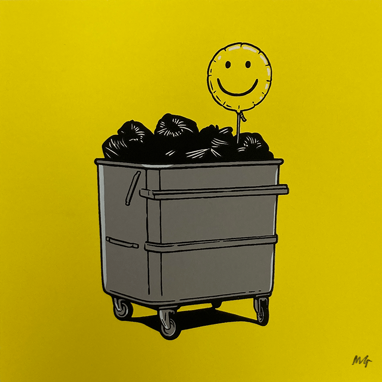 Smile yellow screen print by Matthew Green featuring a smiley balloon in a wheely bin.