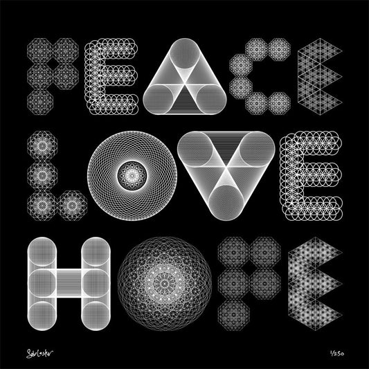 Peace, Love, Hope, Three Words typographic screen print by lettering artist Seb Lester.