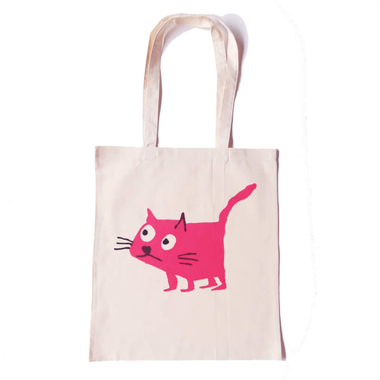 Cat pink tote bag screen printed onto cotton from a collaboration between Daisy Hirst and Soma Gallery.