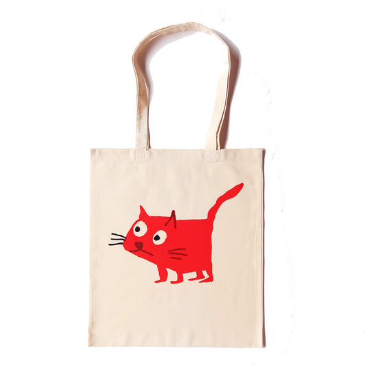 Cat red tote bag screen printed onto cotton from a collaboration between Daisy Hirst and Soma Gallery.