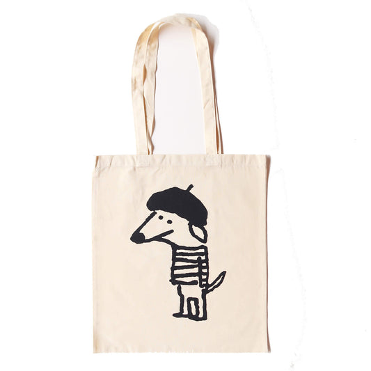 Beret Dog screen printed tote bag on natural cotton collaboration between Daisy Hirst and Soma Gallery.